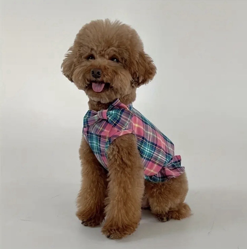 Plaid Flannel Dog Dress With Bow, Super Cute!