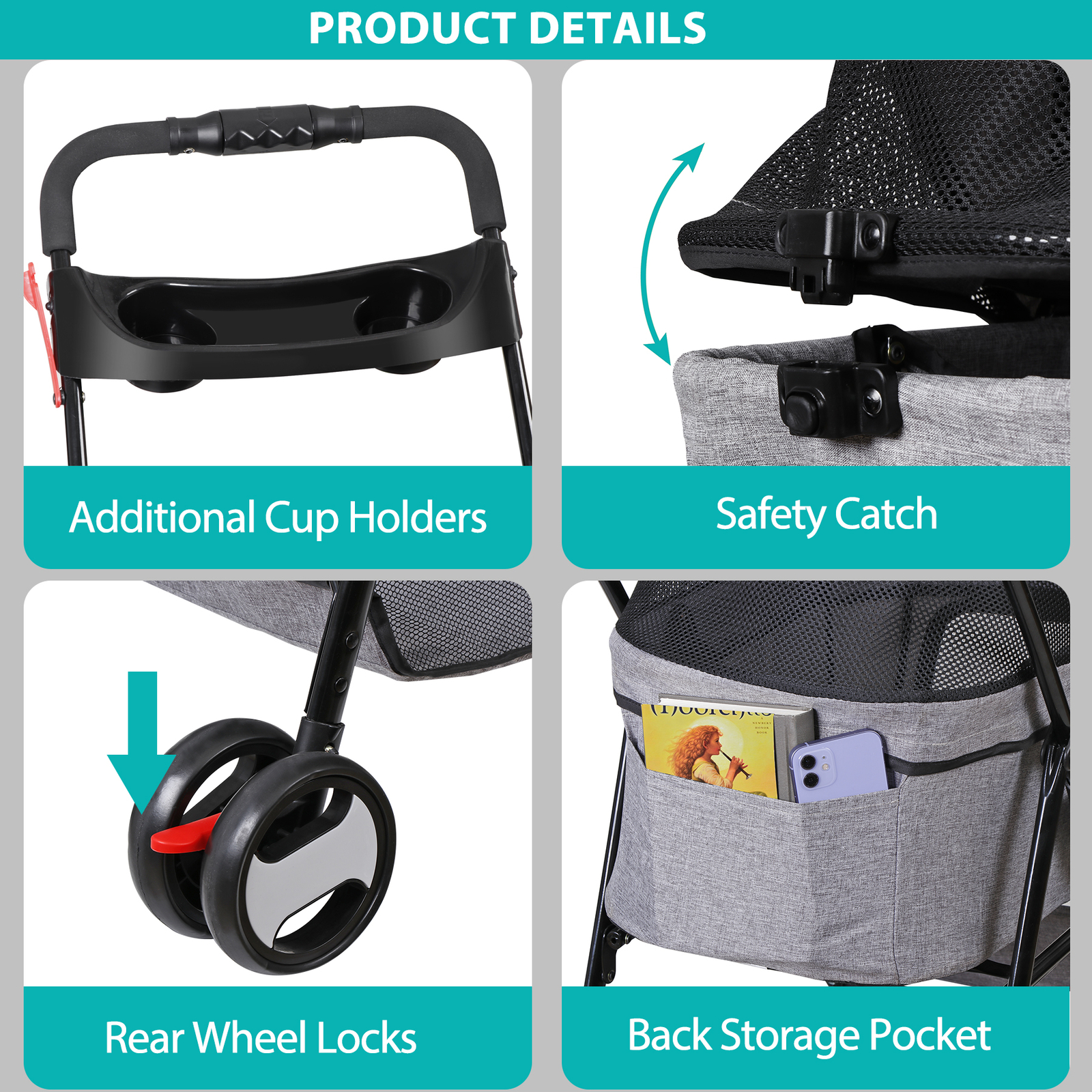 3 in 1 Folding Dog Stroller Pet Stroller for Medium Dog w/Removable Carrier Gray