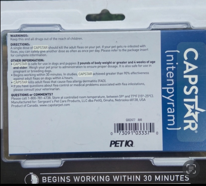 Capstar (Nitenpyram) 6 Tablets for Dogs (2-25 lbs) Exp 2028