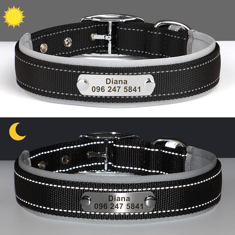 Reflective Nylon Personalized Dog Collar Custom Pet Name ID Tag Adjustable S-XL