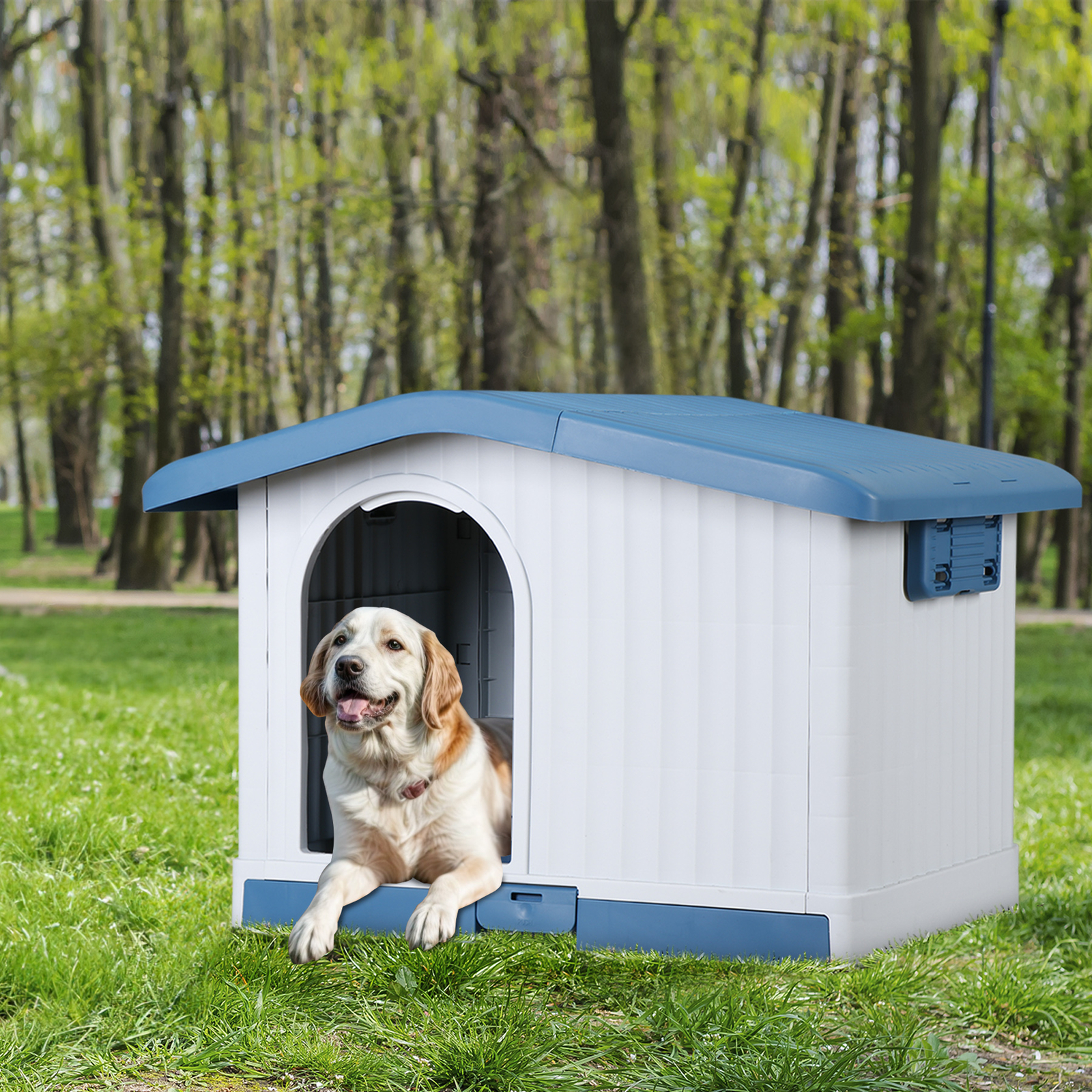 Large Plastic Dog House Indoor Outdoor Dog Kennel Waterproof Puppy Shelter Blue