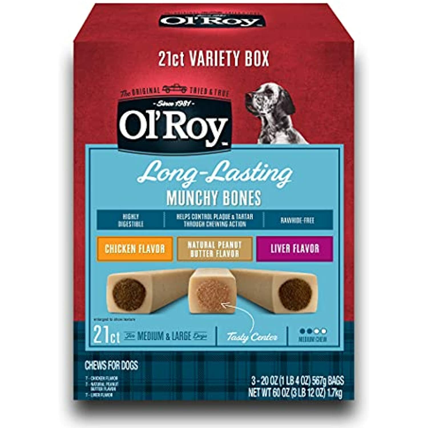 Ol’ Roy Munchy Bones Dog Treats Variety Box, Chicken, Peanut Butter, Liver, 21