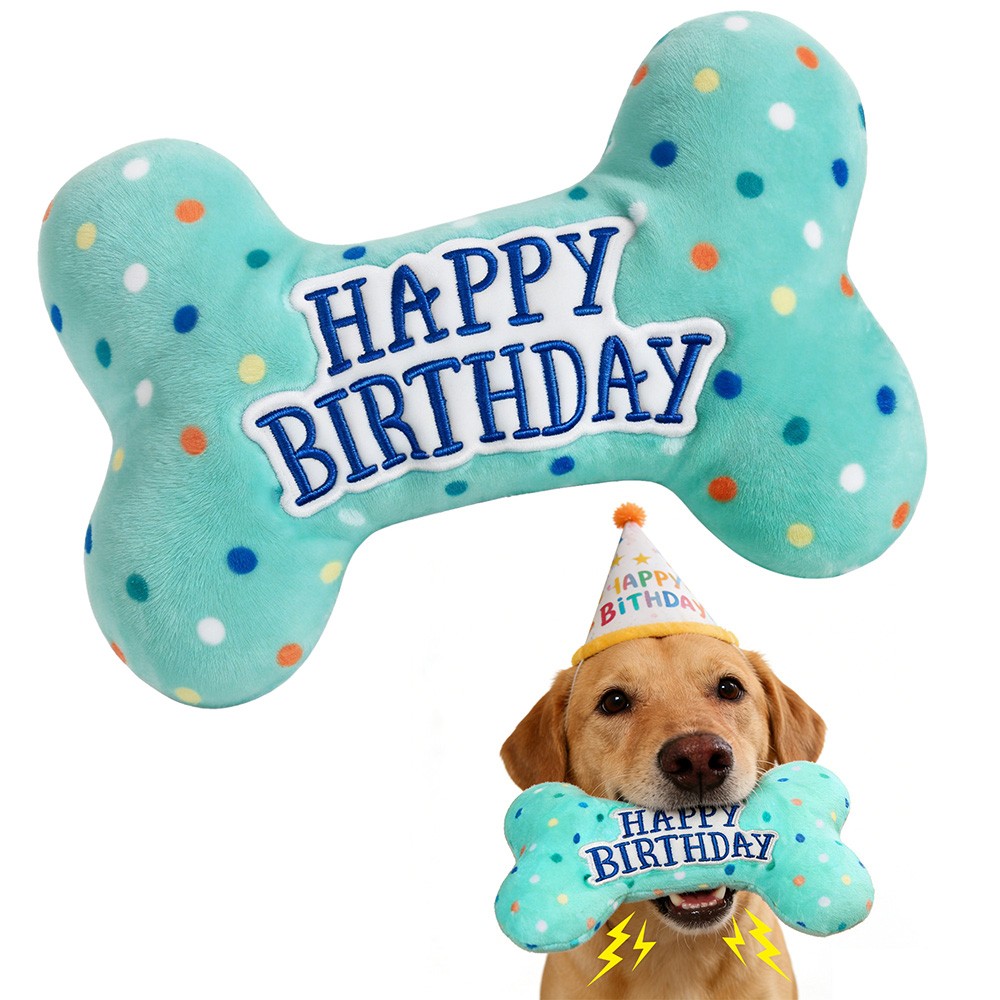 Dog Birthday Toys Plush Dog Squeaky Toys Stuffed Puppy Chew Toy Bone Pet Toy