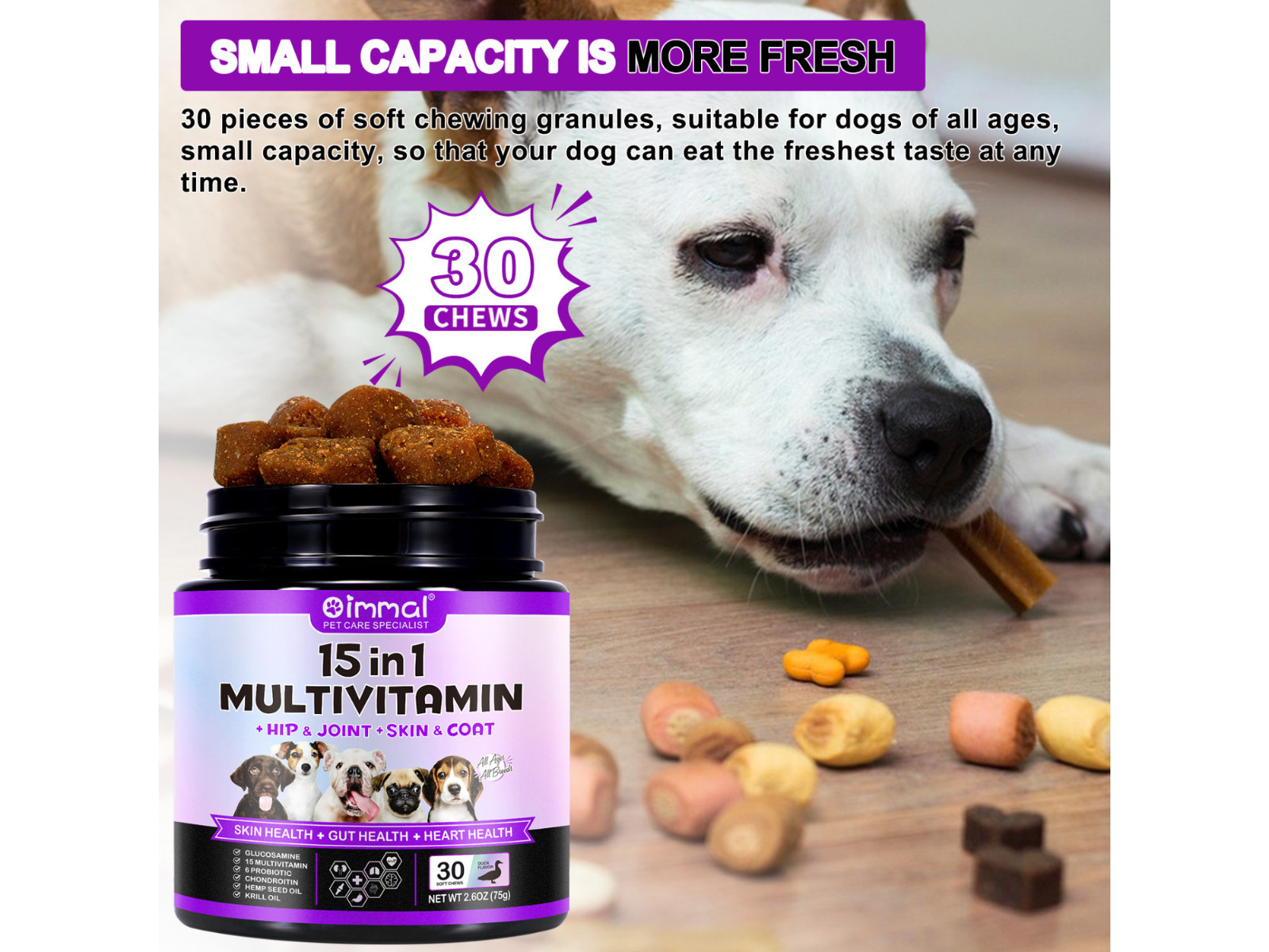 15 in 1 Dog Multivitamins and Supplements for Hip + Joint + Skin + Coat, 30CT
