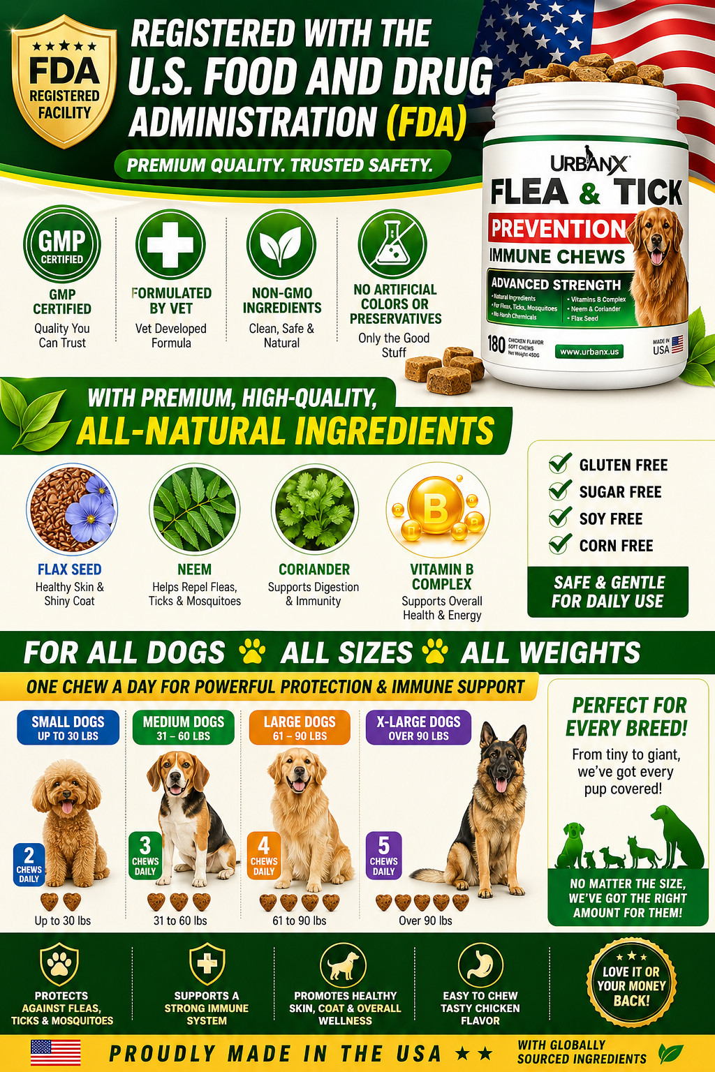 Flea Tick Prevention for Dogs Soft Chews 180 Ct Immune Support All Natural