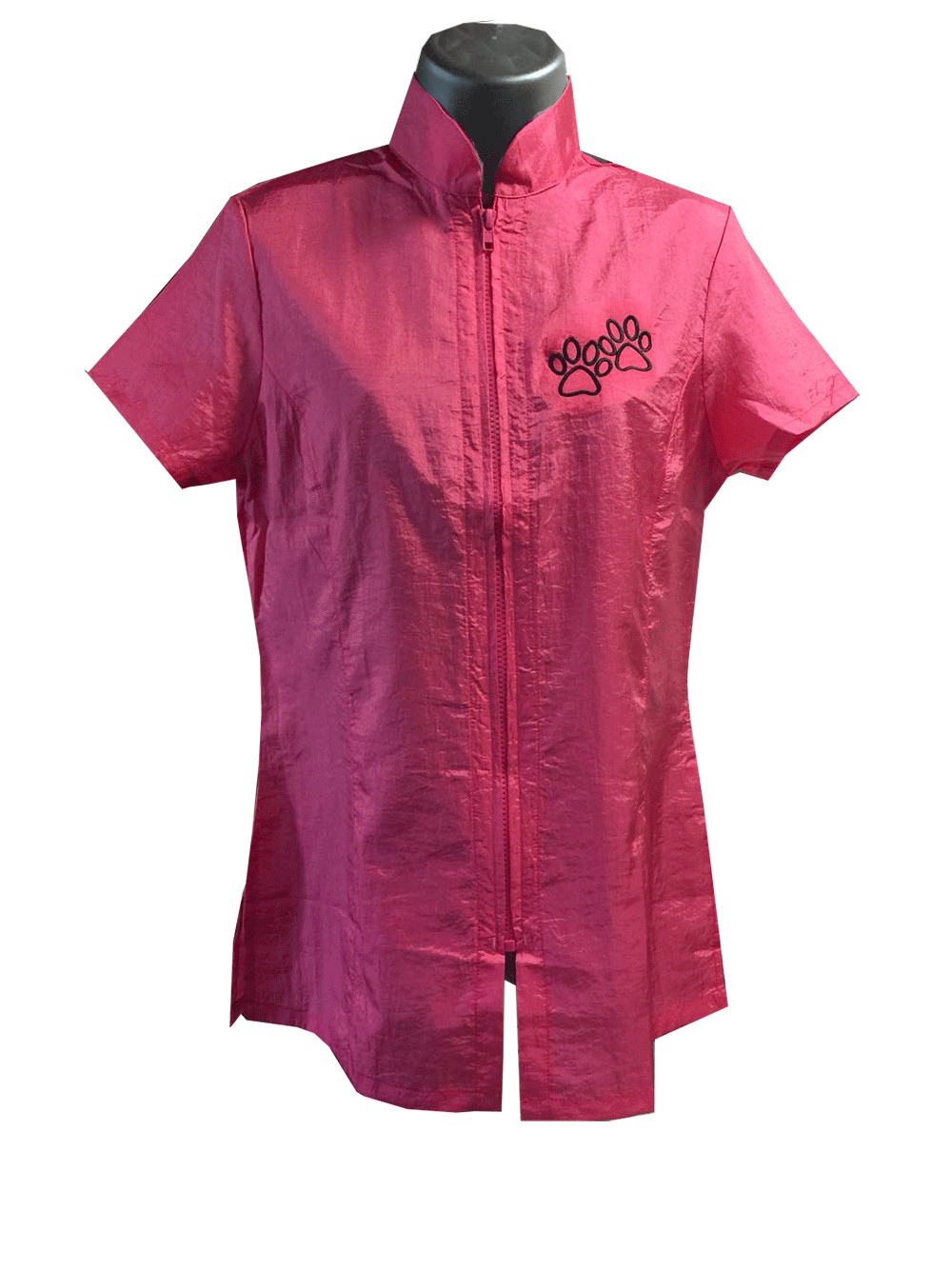 Grooming Zip-Up Smock Uniform Semi Fitted Short Sleeves Embroidery Nylon