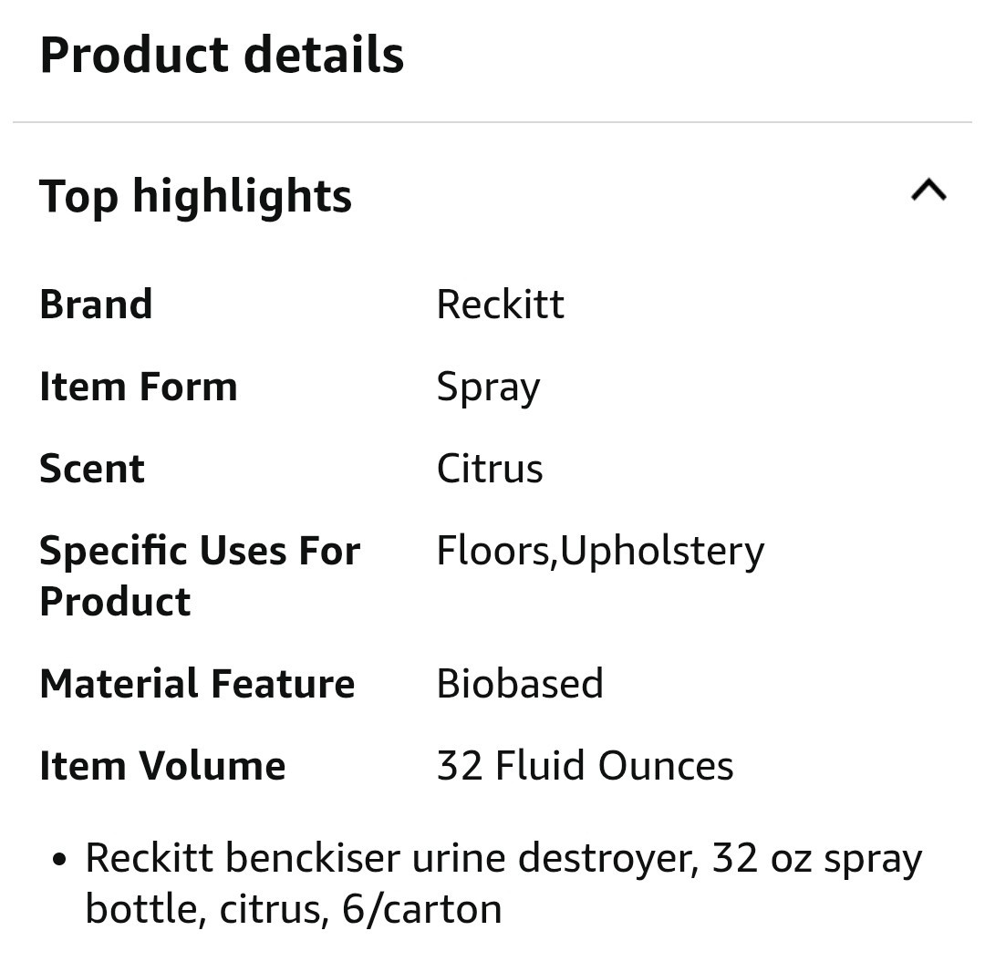 Reckitt Benckiser Urine Destroyer 32 OZ Spray Bottle Citrus 6 Per Each Carton