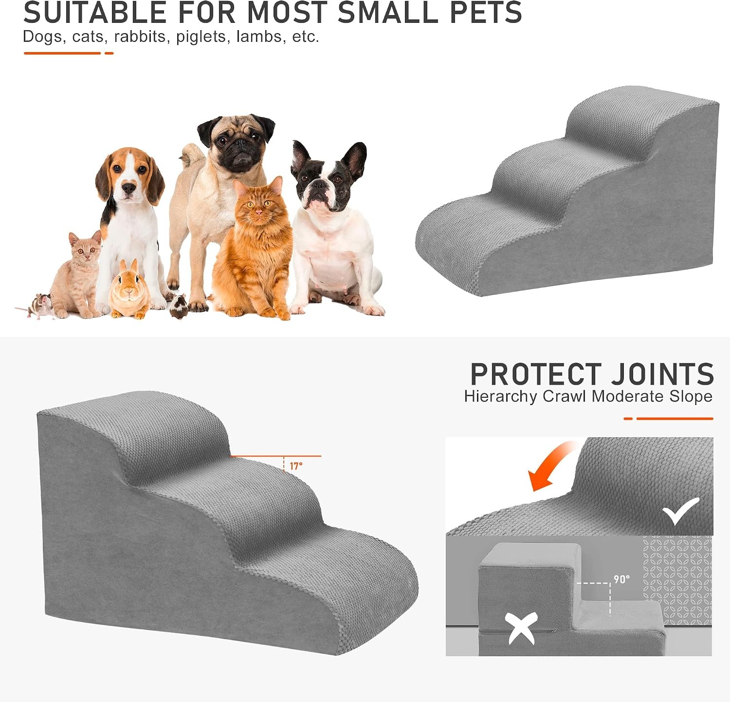 3 Step Stairs for Sofa & Chair NonSlip Sturdy Pet Steps Dogs Cats GREY