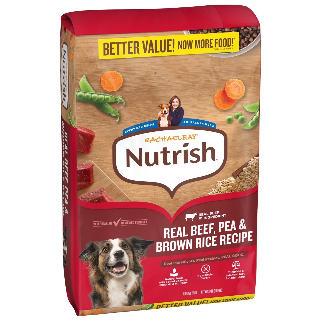 Rachael Ray Nutrish Adult Dry Dog Food Real Beef, Pea & Brown Rice Recipe, 30lb