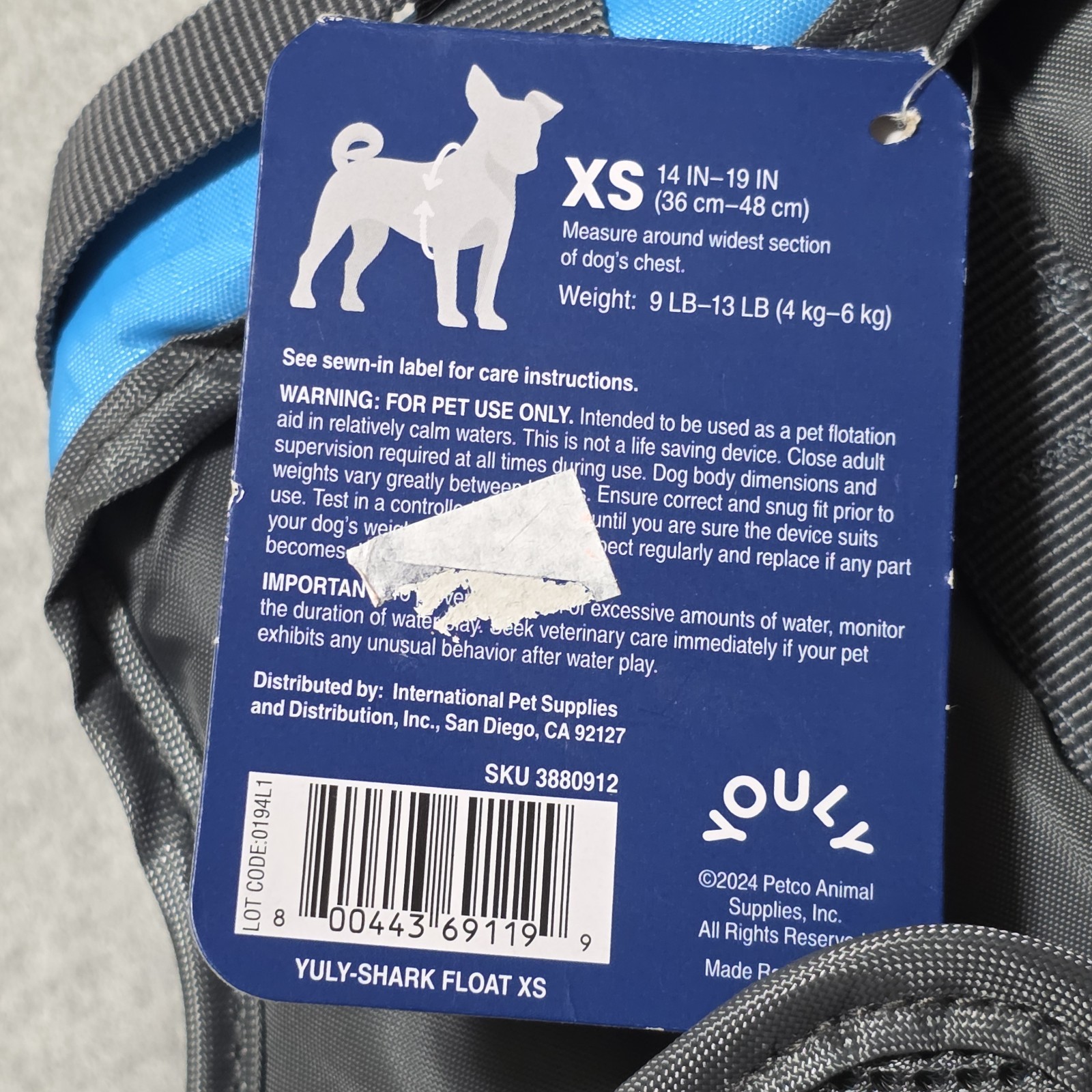 Youly Dog Shark Float Floatation Vest XS Xtra Small Blue Gray