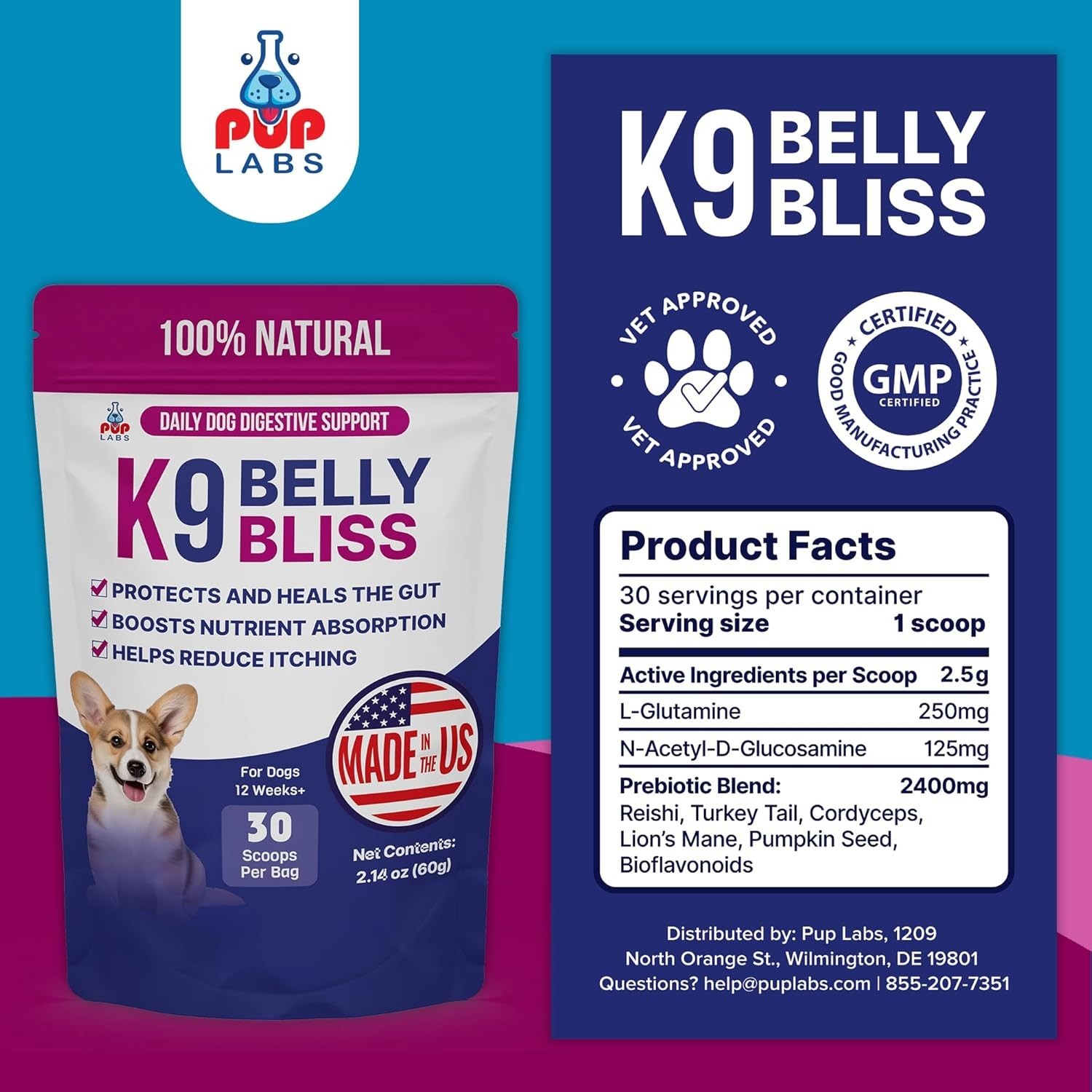 Pup Labs K9 Belly Bliss, All-natural Gut Health for dogs, Vet Approved Preb….