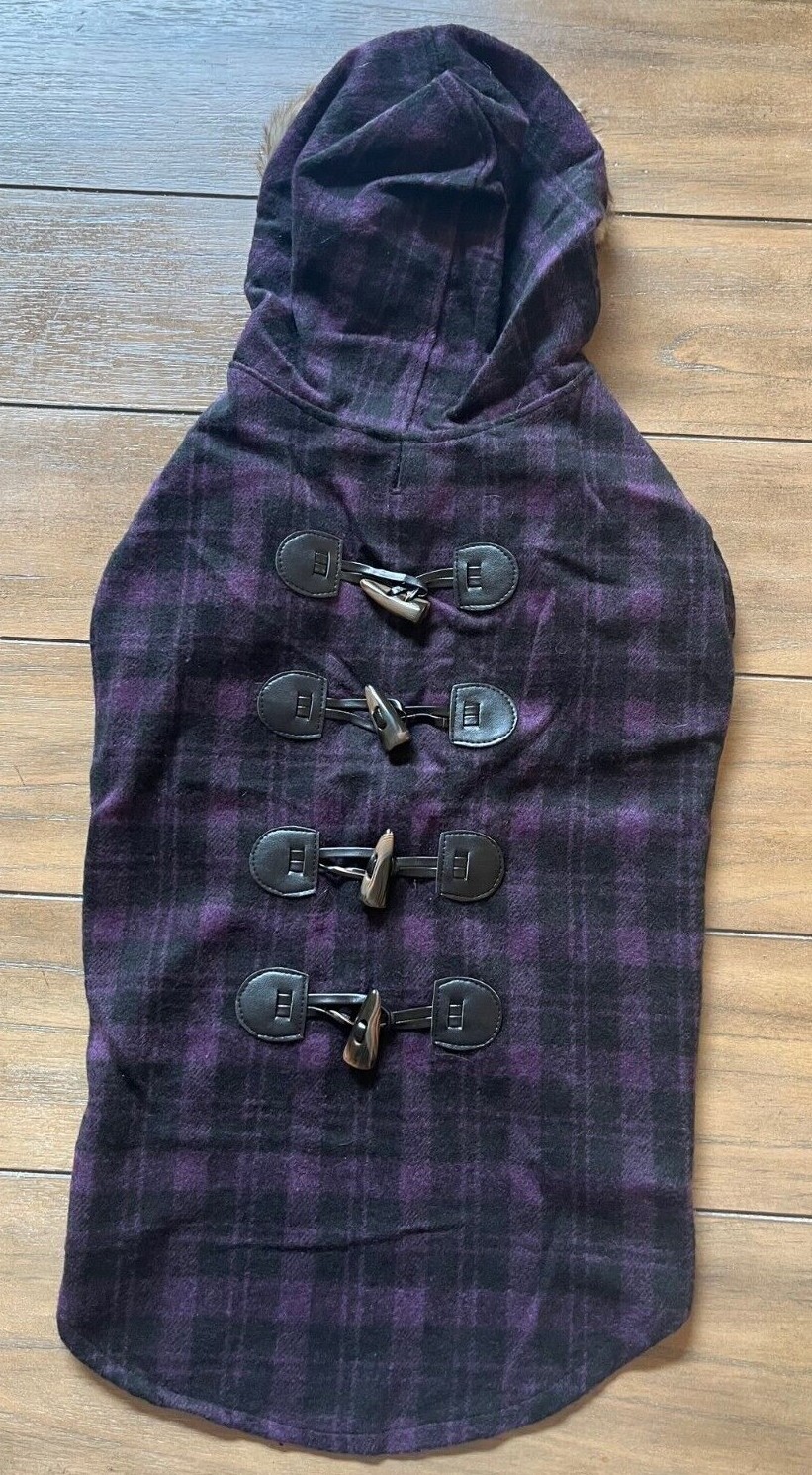 Toggle Flannel Dog Coat w/ Fur Hood – LARGE – PURPLE – Plaid – Zack & Zoey – NWT