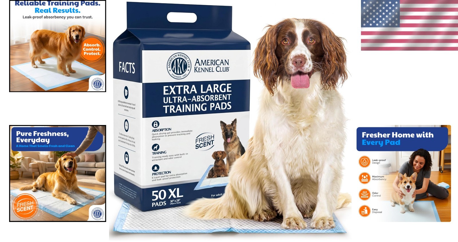 Extra Large 50 Count AKC Training Pads – 28″ x 30″, Odor-Neutralizing Technology
