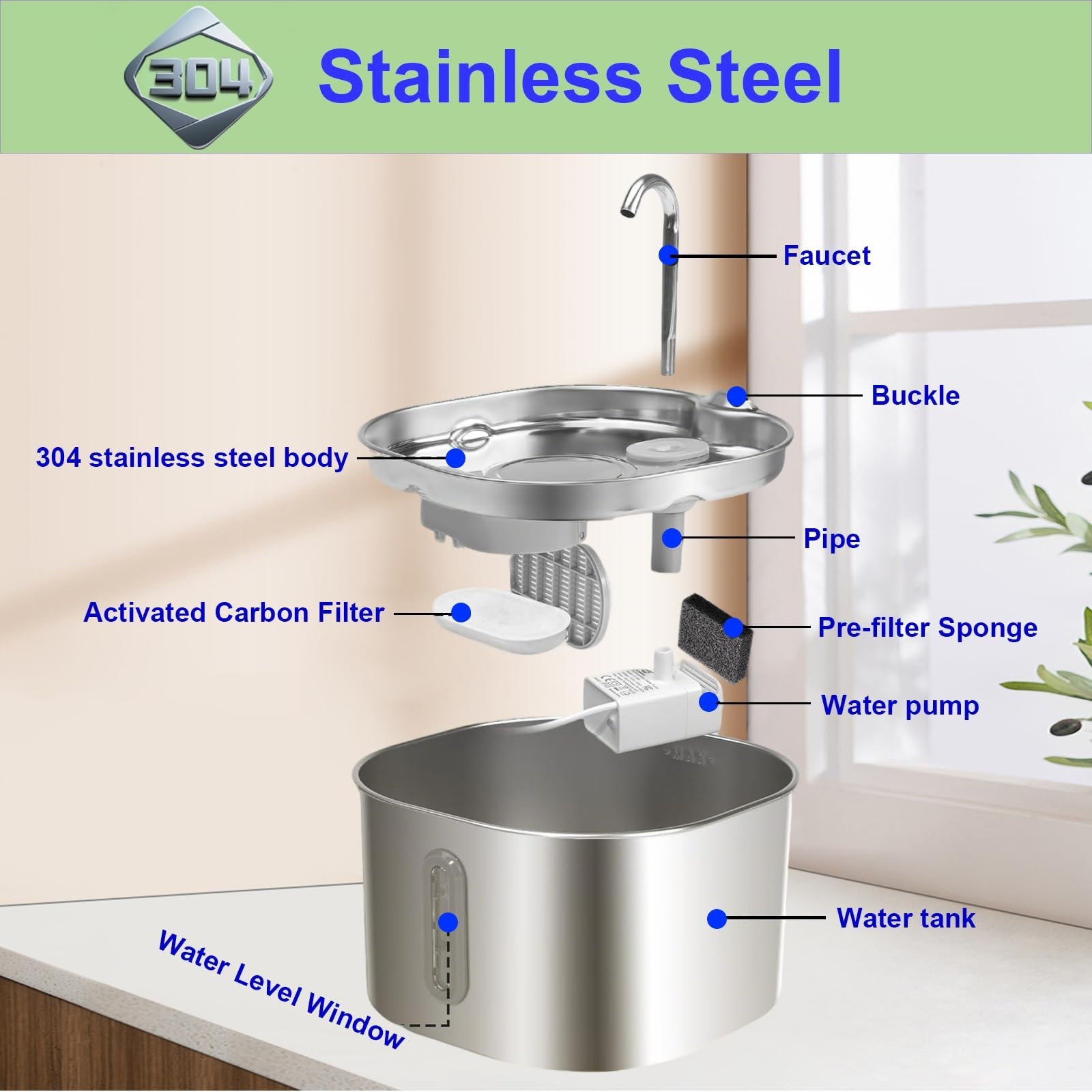 Cat Water Fountain Stainless Steel 74oz/2.2L Automatic Pet Dog Water Fountain