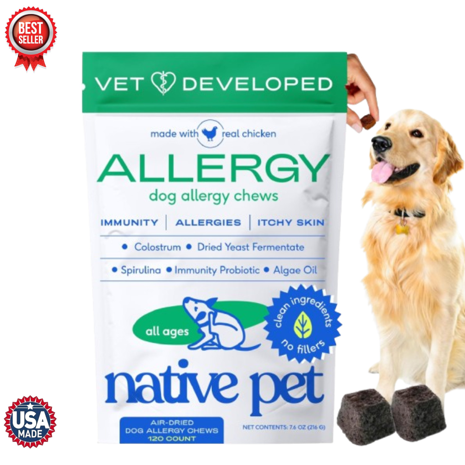 Native Pet Dog Allergy Chews 120ct | Itchy Skin & Allergy Relief | USA Natural