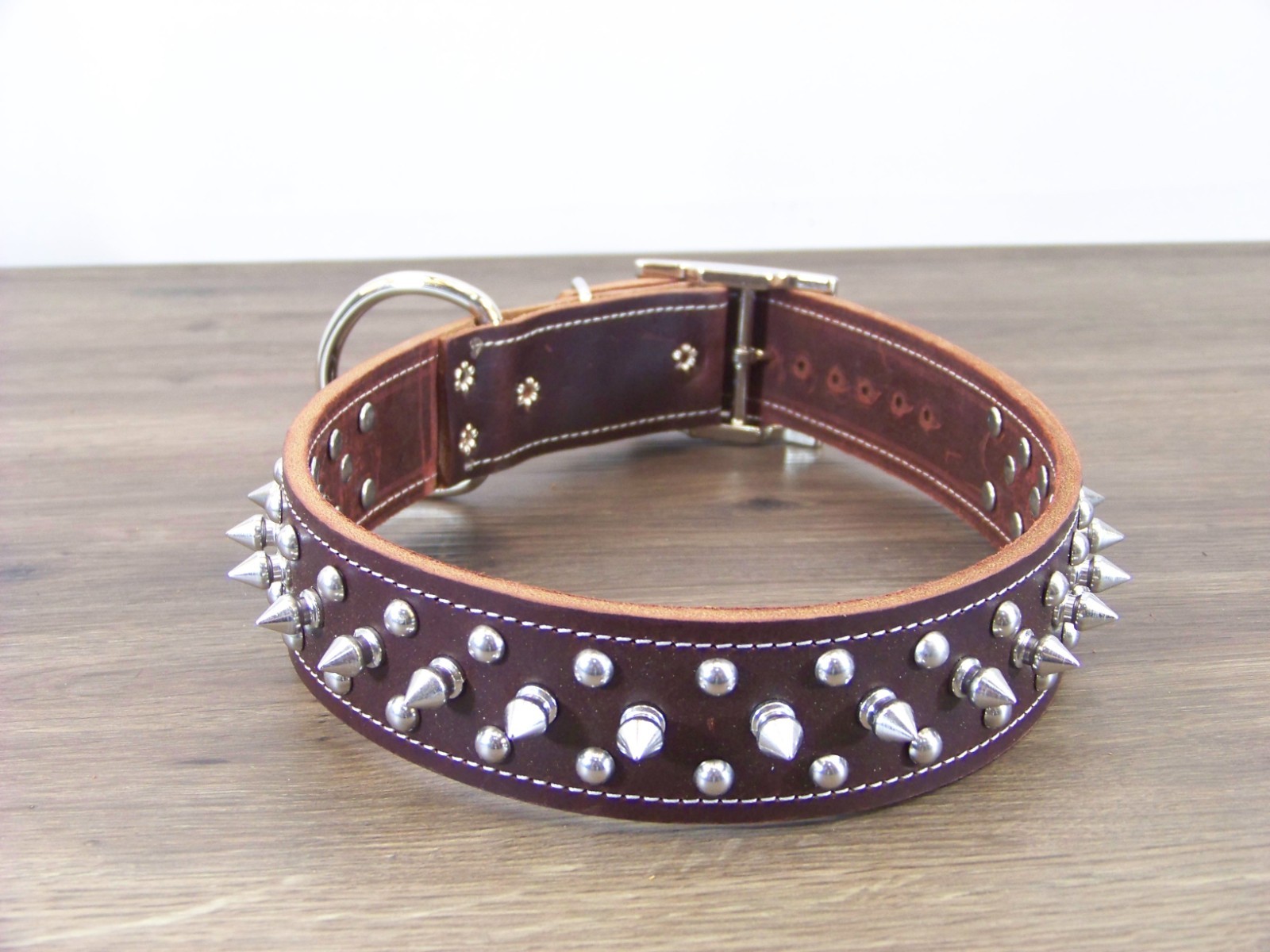 1 – 1/2″ Wide Top Quality Leather Dog Collar W/ Spikes & Domes Made In USA