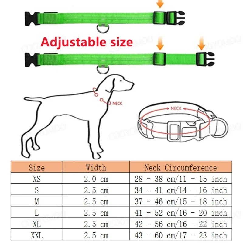 RECHARGEABLE LED PET GLOW COLLAR night safety adjustable flash light-up FOR dog