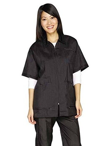 Black Zip Front Jackets Short Sleeve Barber Stylist Groomer Apparel(Large Black)