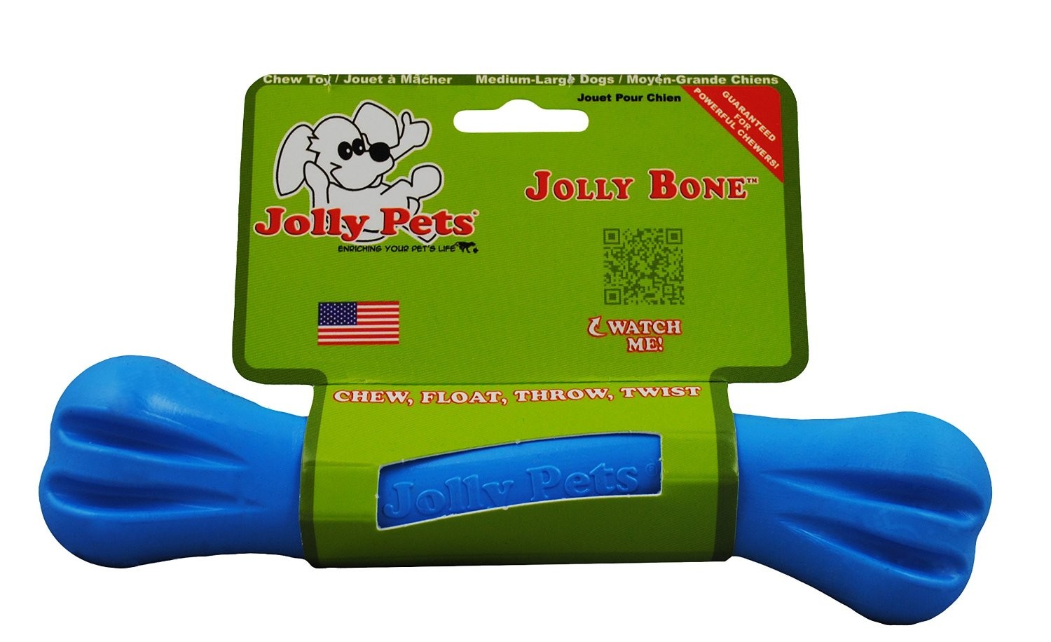 Jolly Pets Jolly Bone Durable Interactive Float Chew Dog Toy Blue USA 8 inch