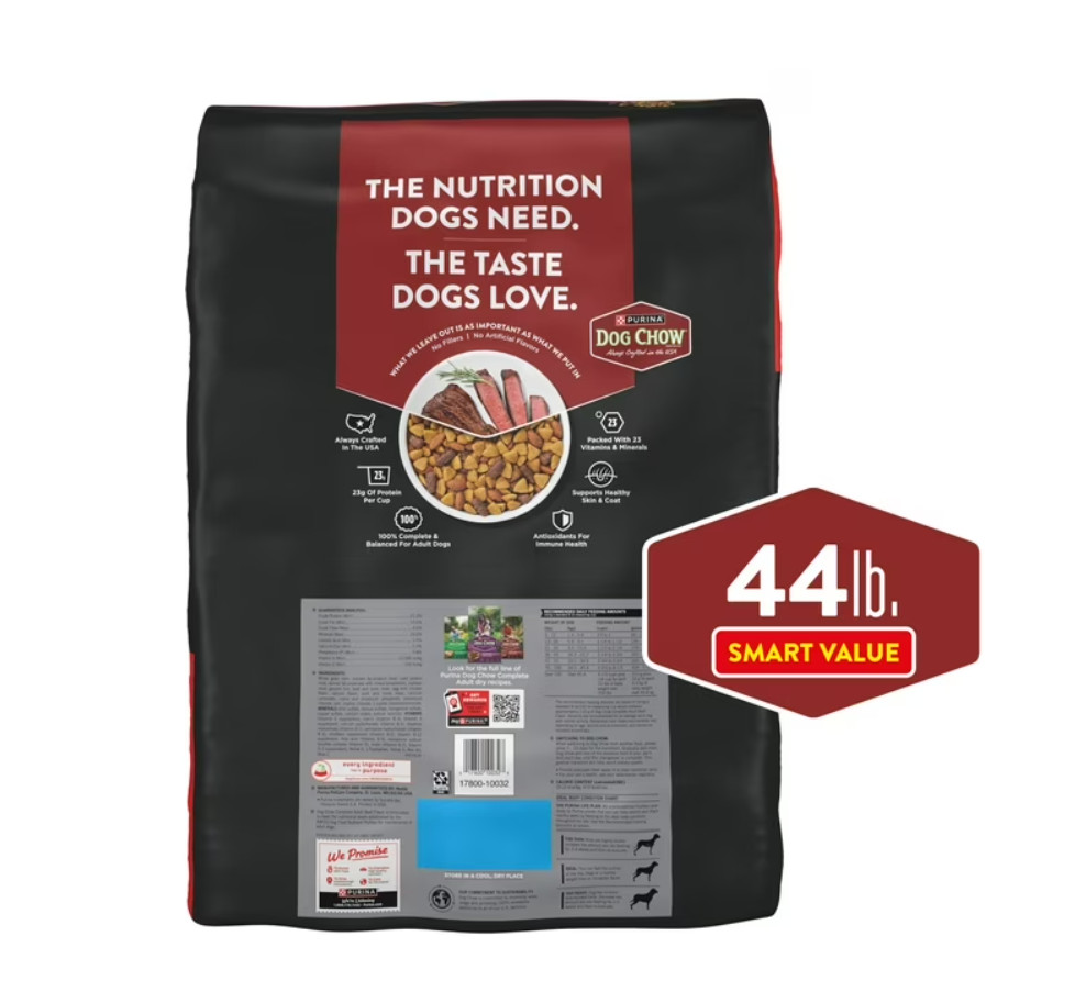 Purina Dog Chow Complete Adult Dry Dog Food, Kibble Beef Flavor, 44 lb Bag