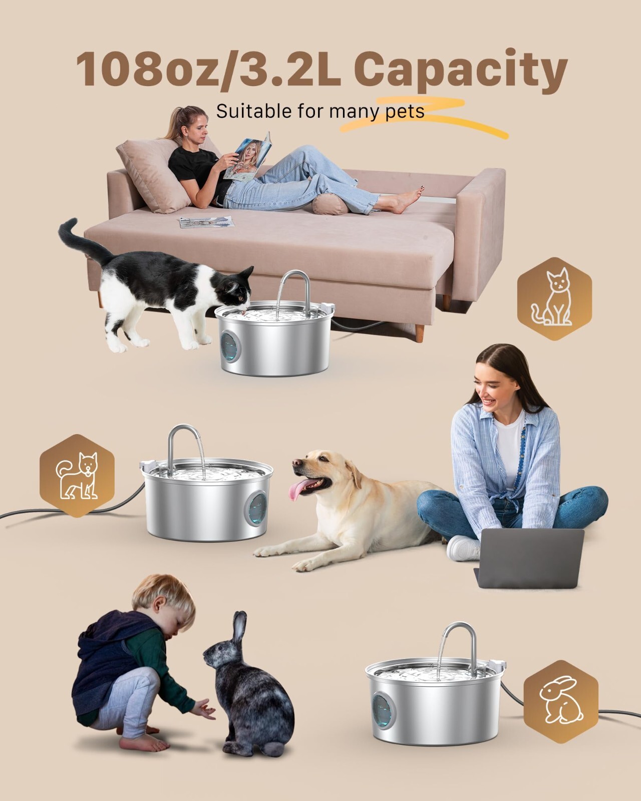 Stainless Steel Cat Water Fountain 3.2L Pet Drinking Fountain Dispenser for Cats