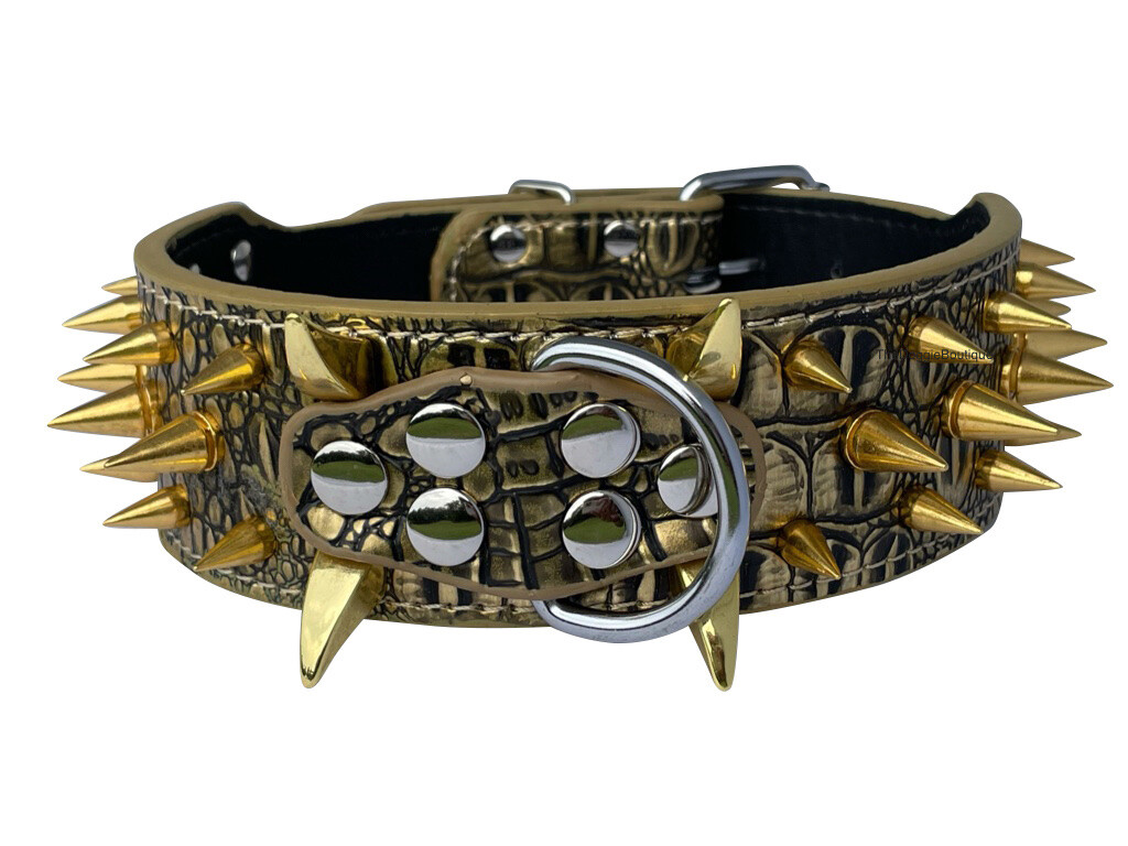 Dog Collar Sharp Gold Spikes Spike Rivet Adjustable PU Leather 2″ wide S M L XL