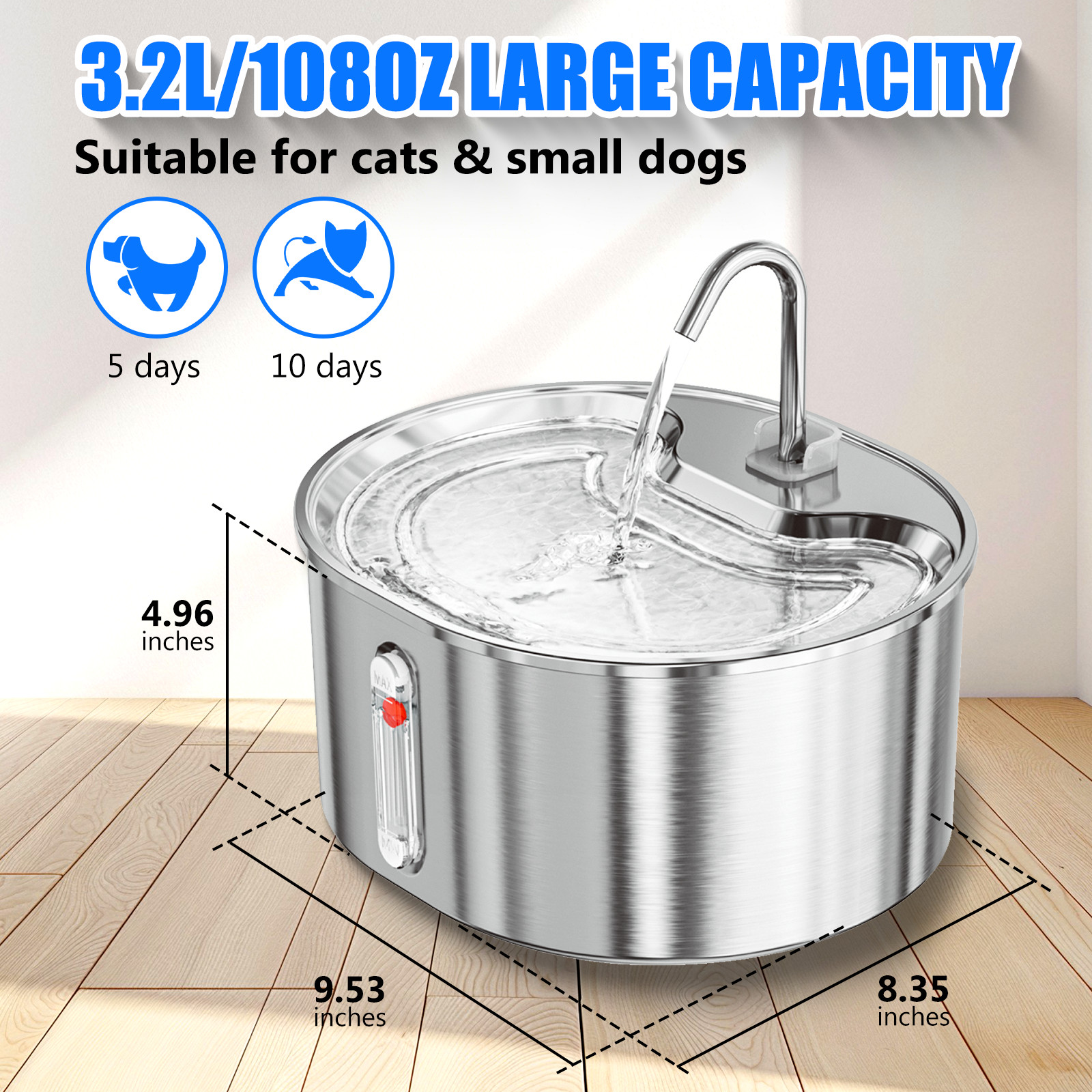 Cat Water Fountain Stainless Steel 108Oz/3.2L Corded Pet Water Dispenser