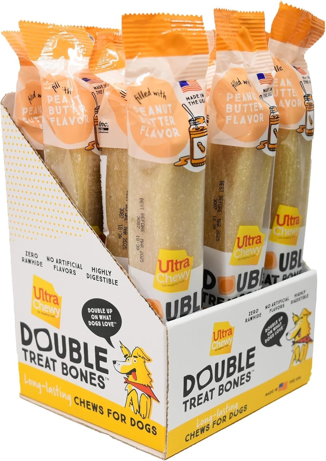 Peanut Butter Double Treat Bones: Long-Lasting Dog Treats Made in USA for Large