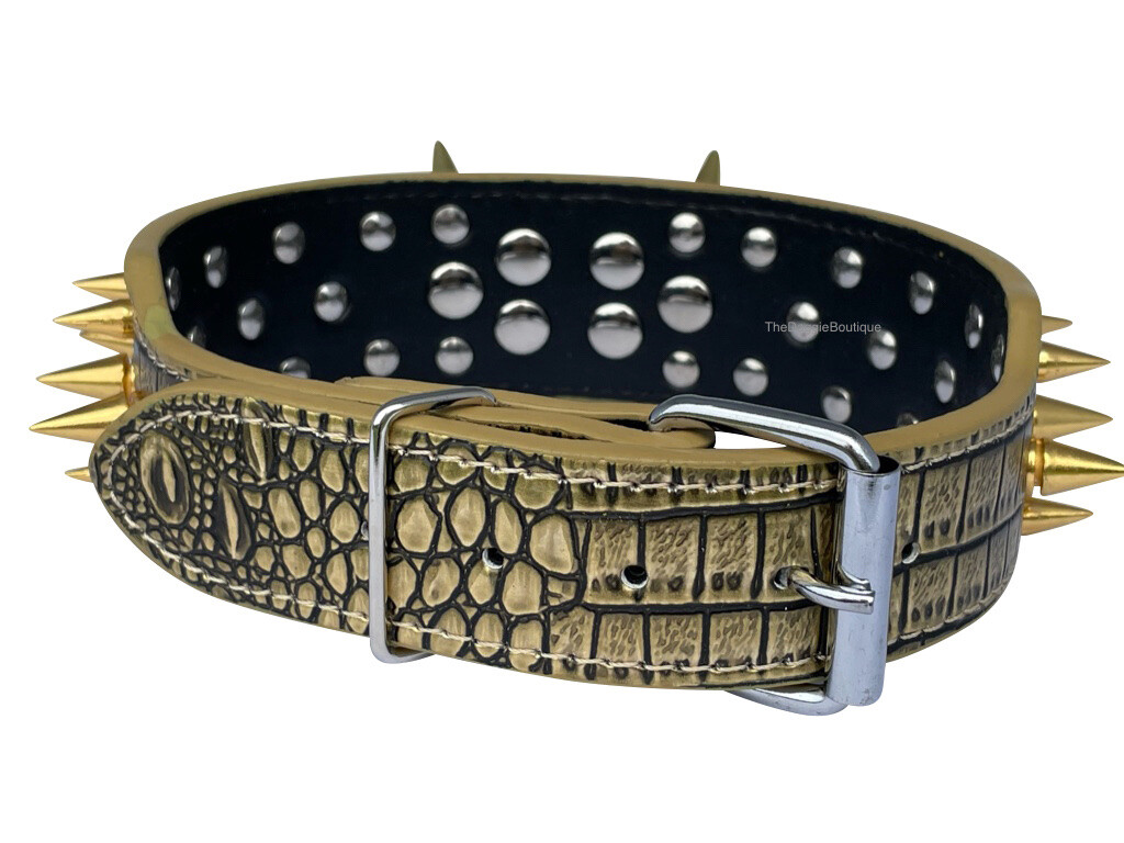 Dog Collar Sharp Gold Spikes Spike Rivet Adjustable PU Leather 2″ wide S M L XL
