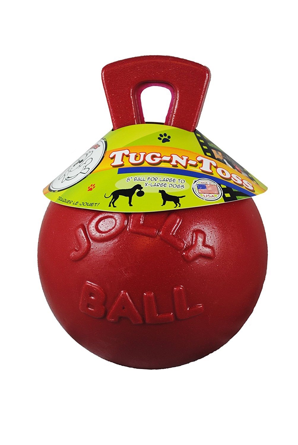 Jolly Pets Tug-N-Toss 8 inch Red Rubber Ball with Handle Chew Toy for Dogs
