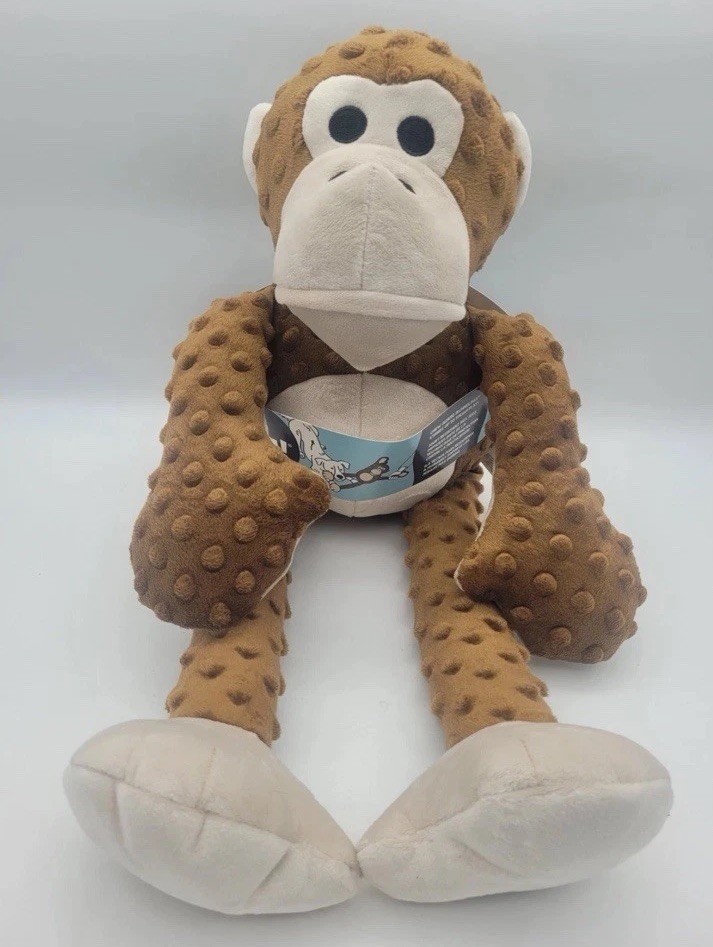 goDog Checkers Plush Monkey Dog Toy with Squeaker Brown Durable Soft Chew Toy