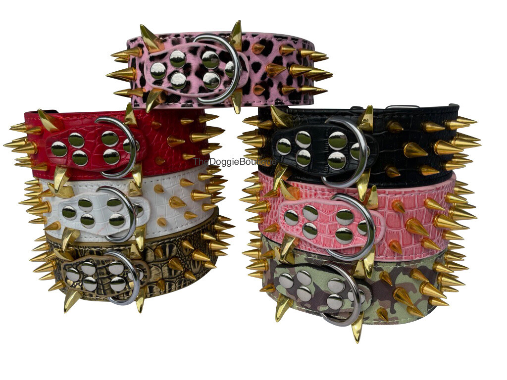 Dog Collar Sharp Gold Spikes Spike Rivet Adjustable PU Leather 2″ wide S M L XL