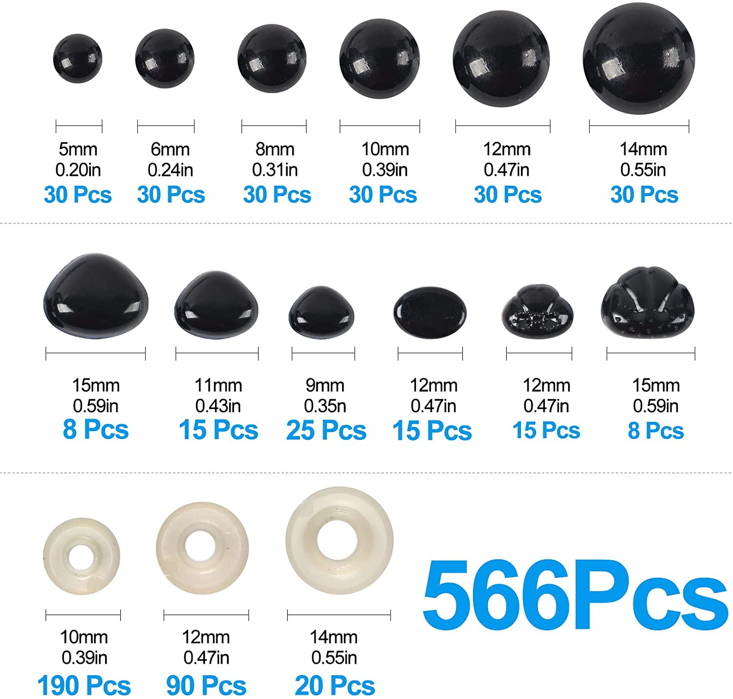 566PCS Safety Eyes for Amigurumi, Various Sizes Crocheting Safety Eyes and Noses