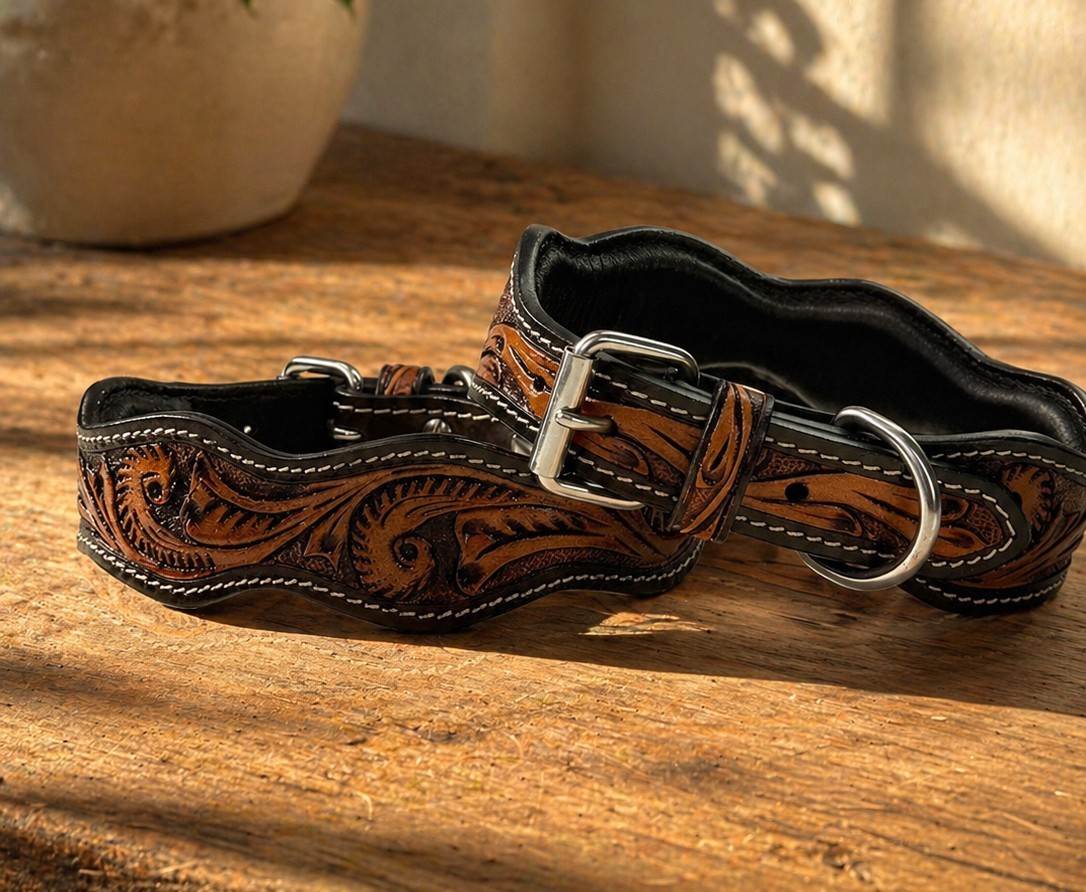 Western Leather Handmade Pet Dog Collar Heavy Duty Hand Tooled Adjustable