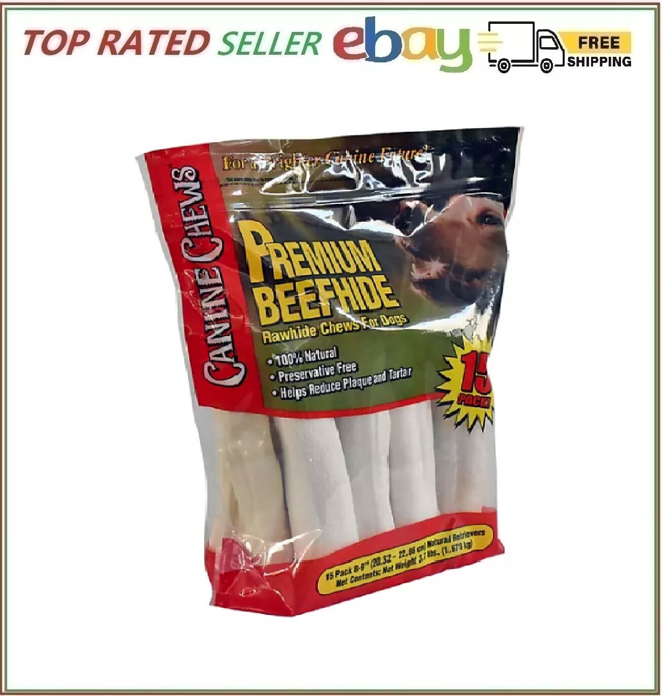 Canine Chews Premium All-Natural Beef Hide Retrievers – 15 Count