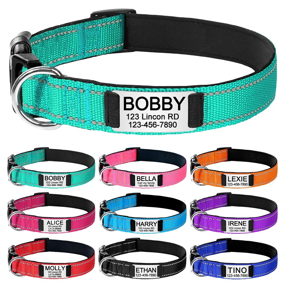 Reflective Nylon Dog Collar Custom Name, Personalized Pet ID Tag Adjustable XS-L