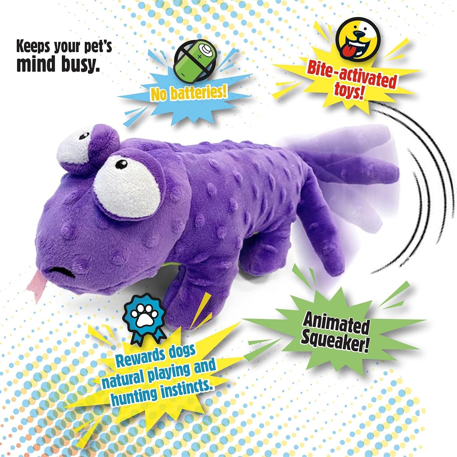 goDog Action Plush Lizard Animated Squeaky Dog Toy, Chew Guard Technology-Purple
