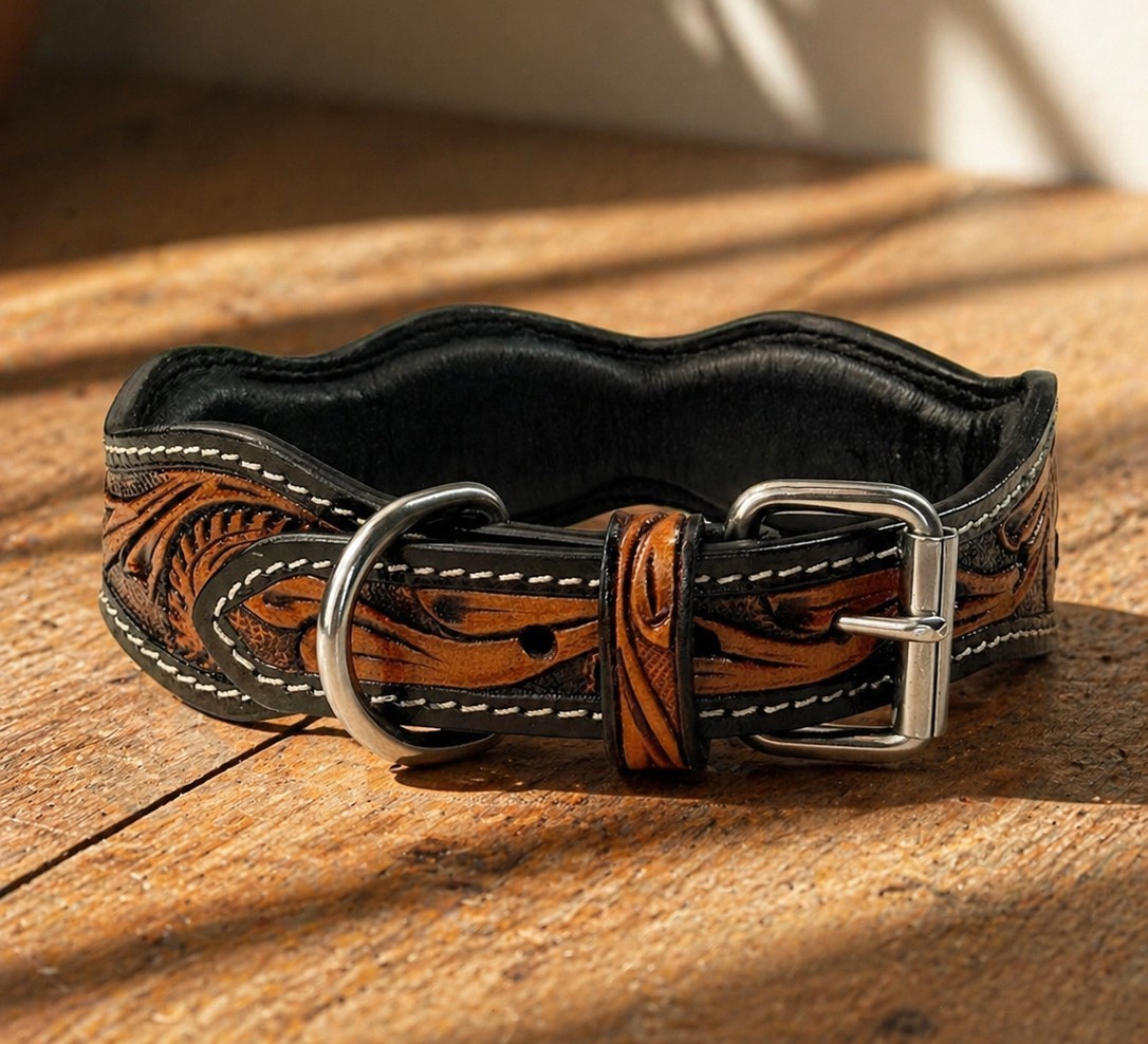 Western Leather Handmade Pet Dog Collar Heavy Duty Hand Tooled Adjustable