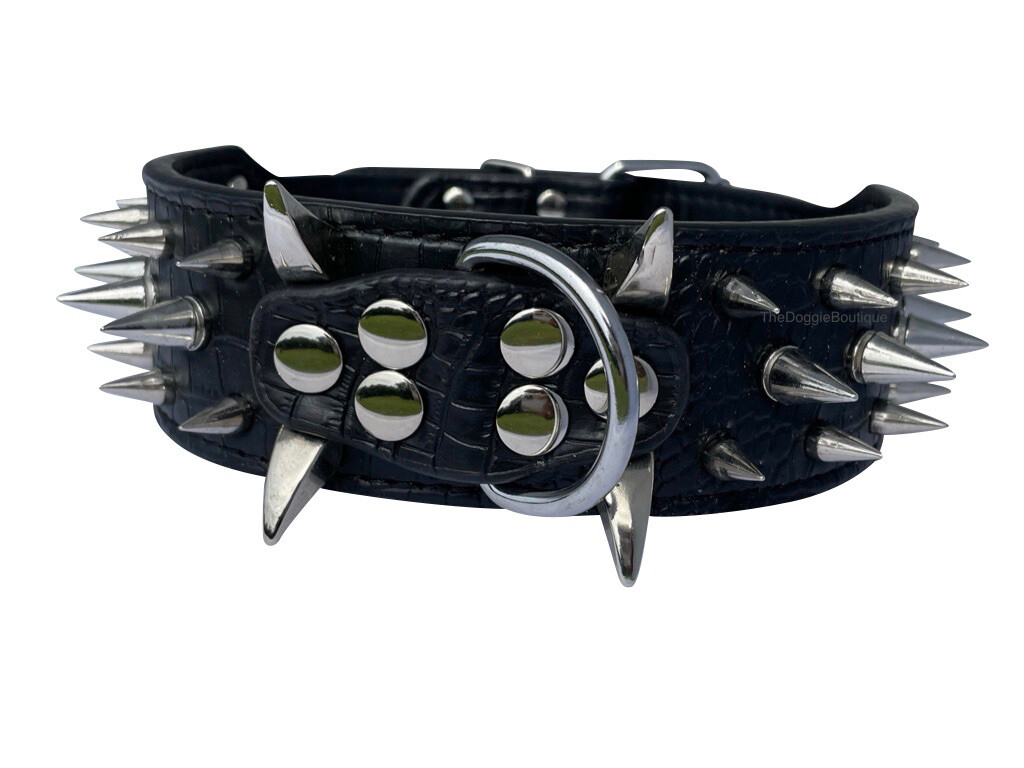 Dog Collar Sharp Spikes Spike Rivet Adjustable PU Leather 2″ wide S M L XL