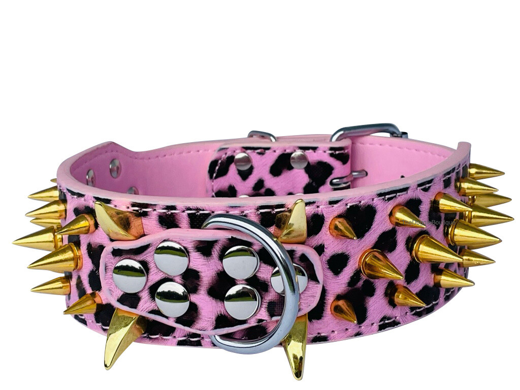 Dog Collar Sharp Gold Spikes Spike Rivet Adjustable PU Leather 2″ wide S M L XL