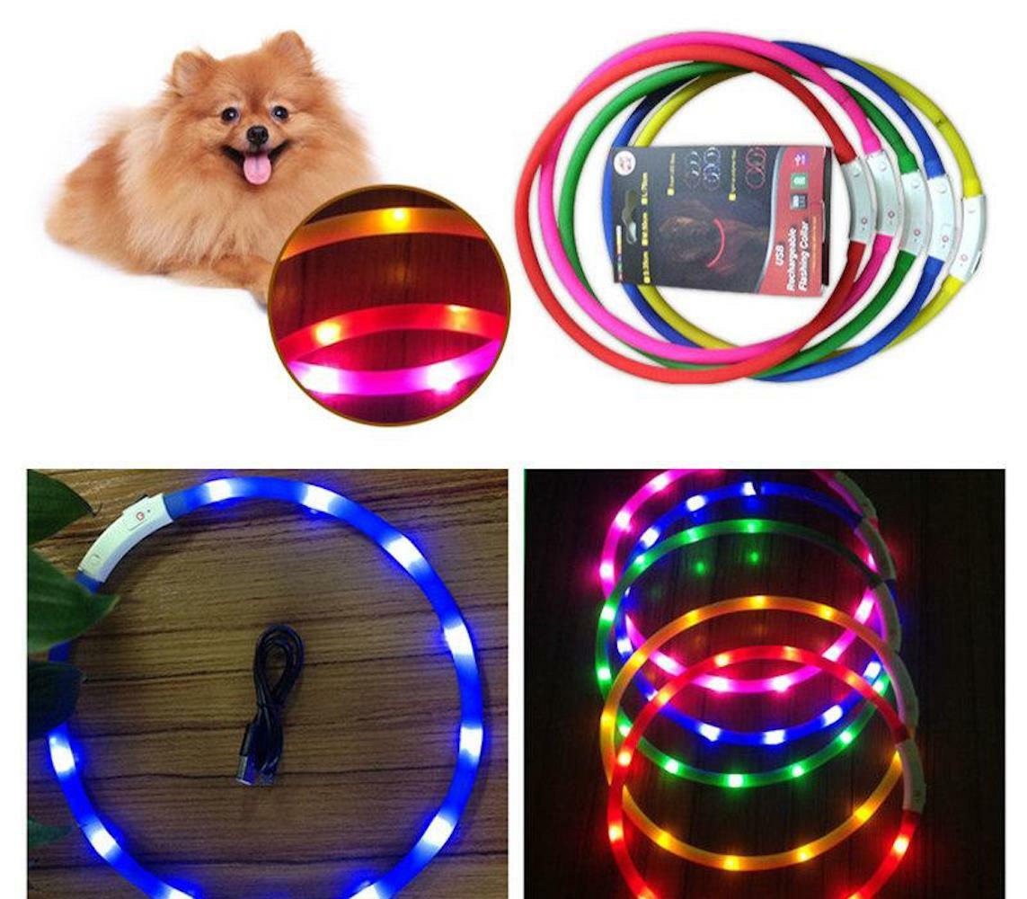 SOFT SILICONE LED FLASH dot LIGHT-UP glow el USB rechargeable Pet Dog Cat COLLAR