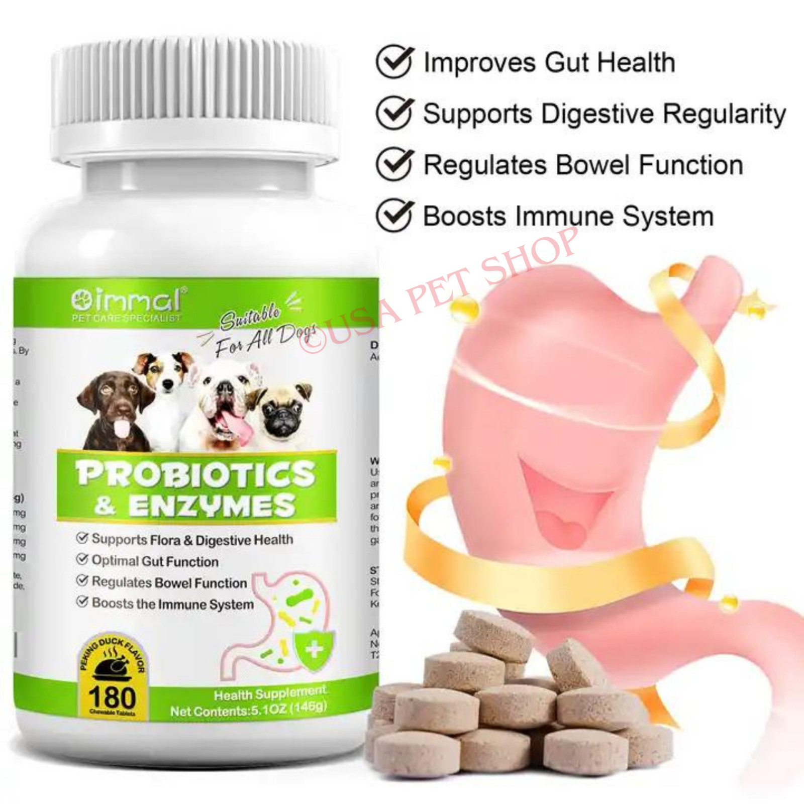 Probiotic For Dogs + Enzyme Blend For Dogs Digestive Gut Supports Ct. 180