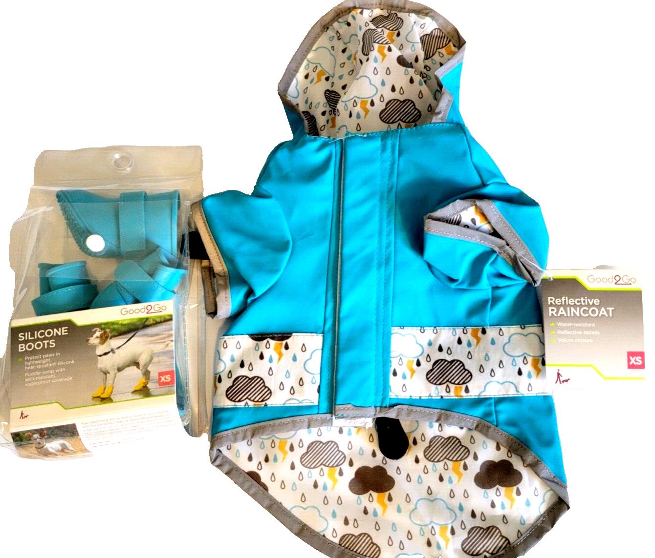 NWT Good2Go DOG REFLECTIVE RAINCOAT REVERSIBLE Blue w Boots Size Xtra Small