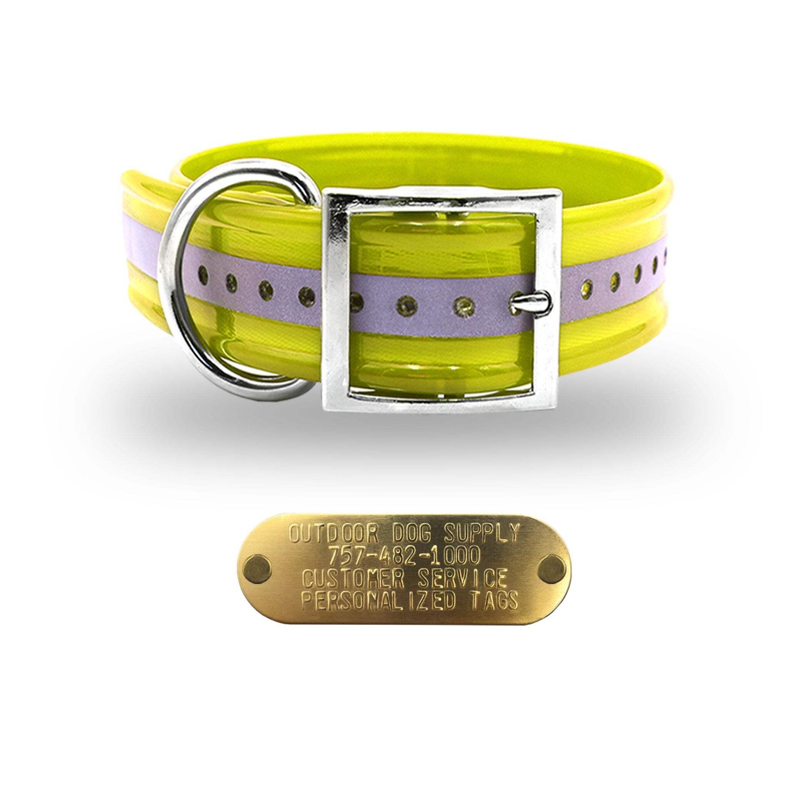 1 1/2″ Reflective Premium Glow Tuff D Ring Large Dog Collar with 1″ Brass Name P
