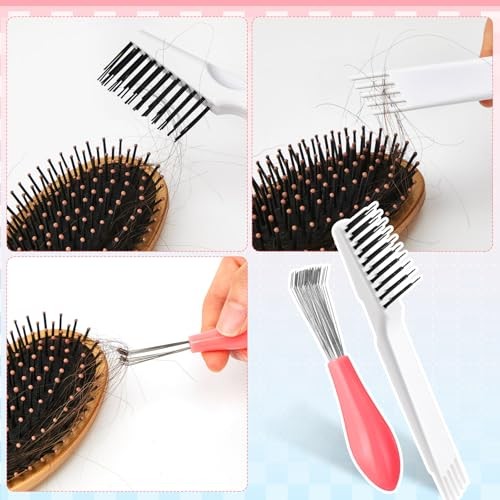 2 Pieces Hair Brush Cleaning Tool Comb Set 2-in-1 Mini Hair Pink and White