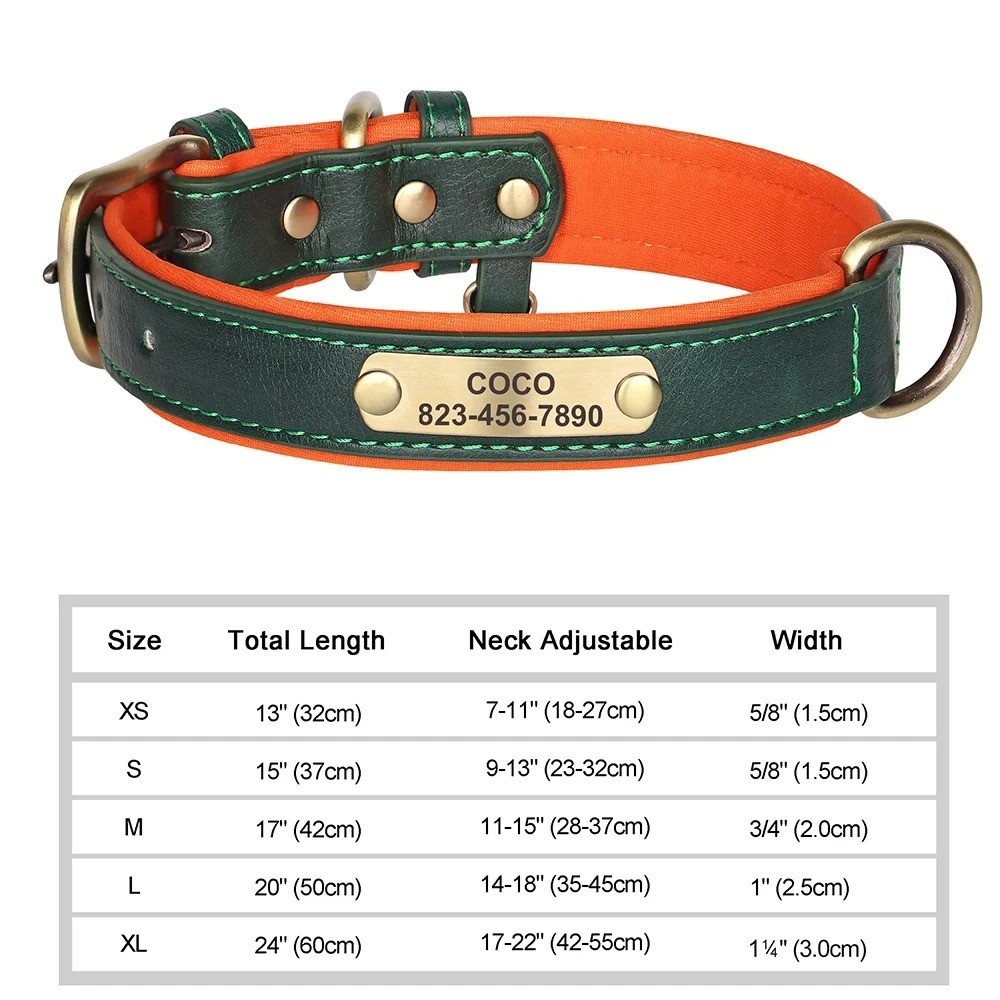 Soft Leather Personalized Dog Collar ID Tag Engraved for Small Medium Large Dogs