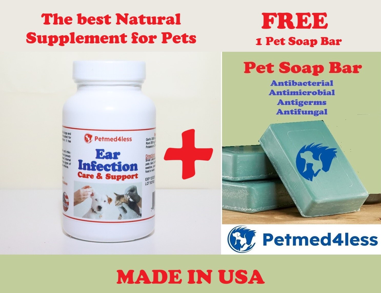 EAR INFECTION PETS – Dogs and Cats – OTITIS – kill bacteria yeast – 1 FREE SOAP