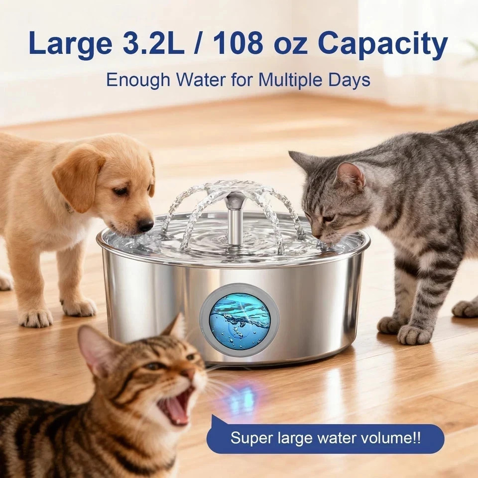 Stainless Steel Cat Water Fountain 3.2L Pet Drinking Fountain Dispenser for Cats