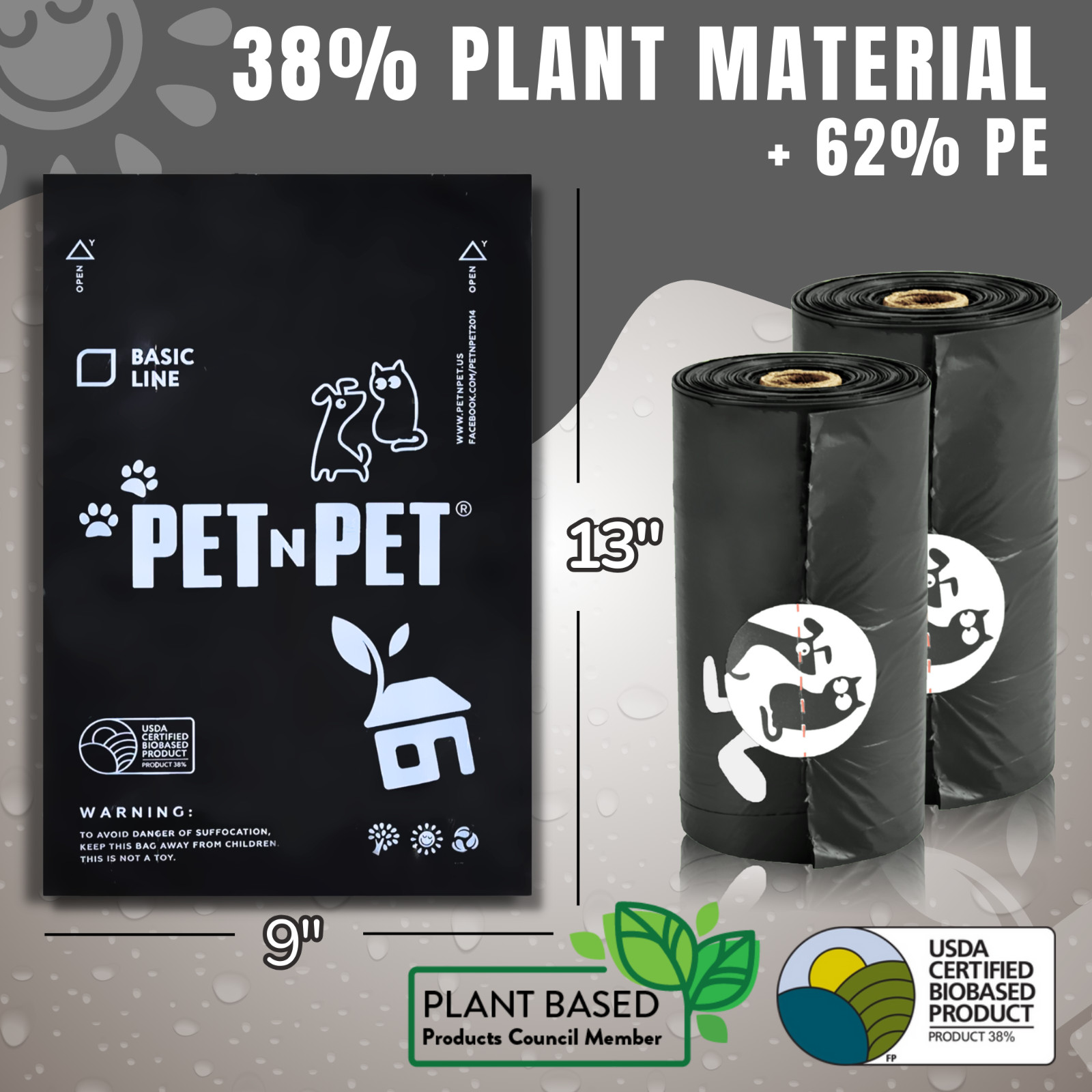 PET N PET 1080 Counts Black Dog Poop Bag Rolls 38% Plant Based 62% PE Waste Bags