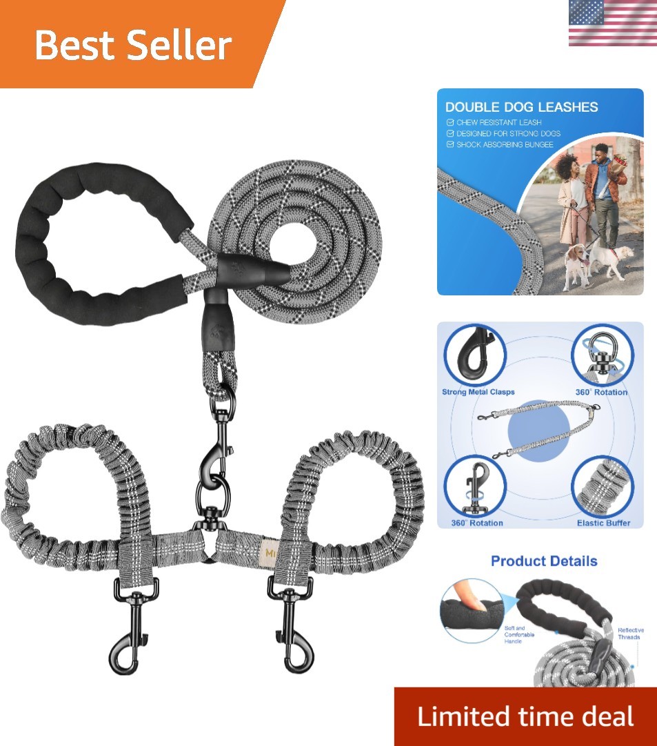 High-Performance Bungee Double Dog Leash, Tangle Resistant, for Medium & Large